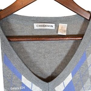 CHERESKIN Mens Argyle V Neck Sleeveless Sweater Vest Gray Blue‎ L